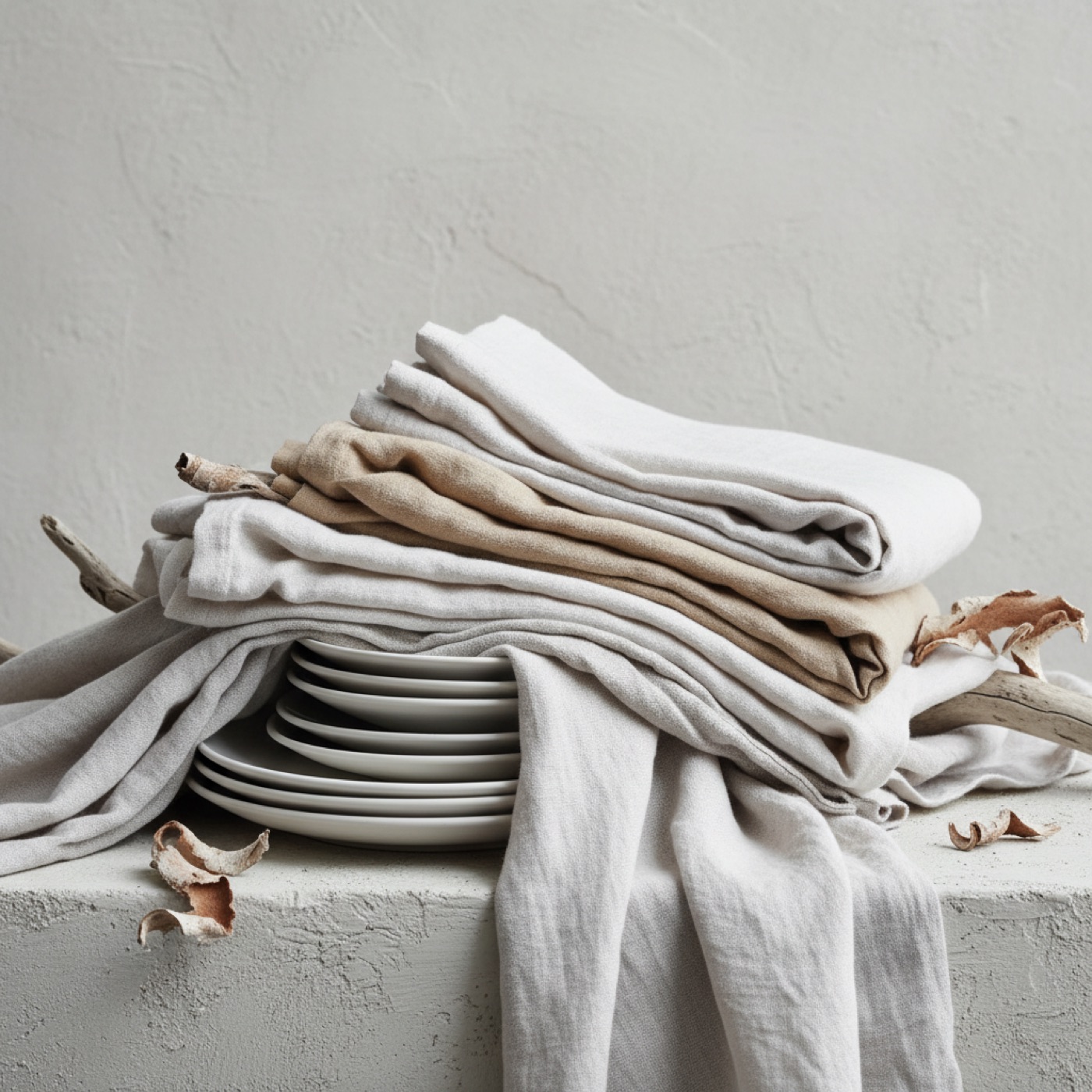A layered pile of folded linen in three tones of bone and oat